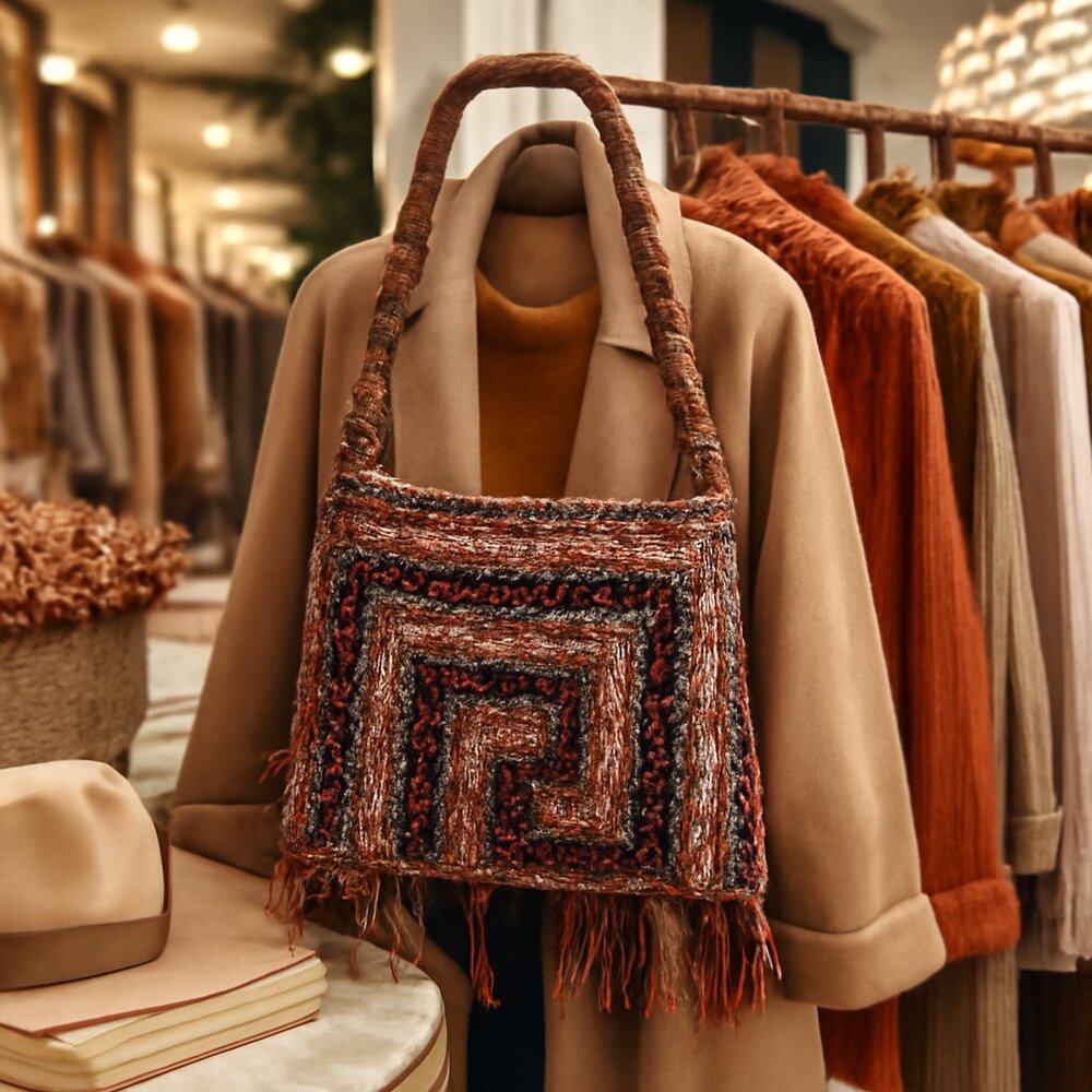 Vintage Handmade Beaded Felted Wool Chevron Bag w/ Fringe & Golden Lining - Picture 3 of 9